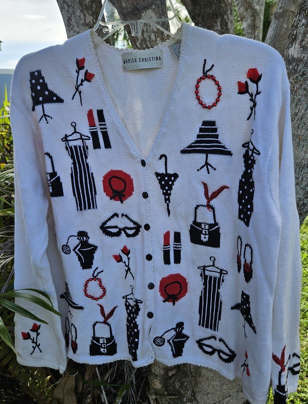MARISA CHRISTINA CARDIGAN SWEATER, Shoes, Lipstick, Purses Knit Design. White.